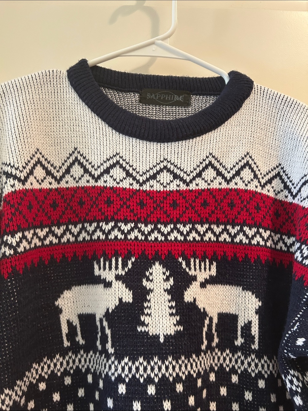 Sapphire Classic Knit Fair Isle Moose Pullover Sweater kid size L Navy white red